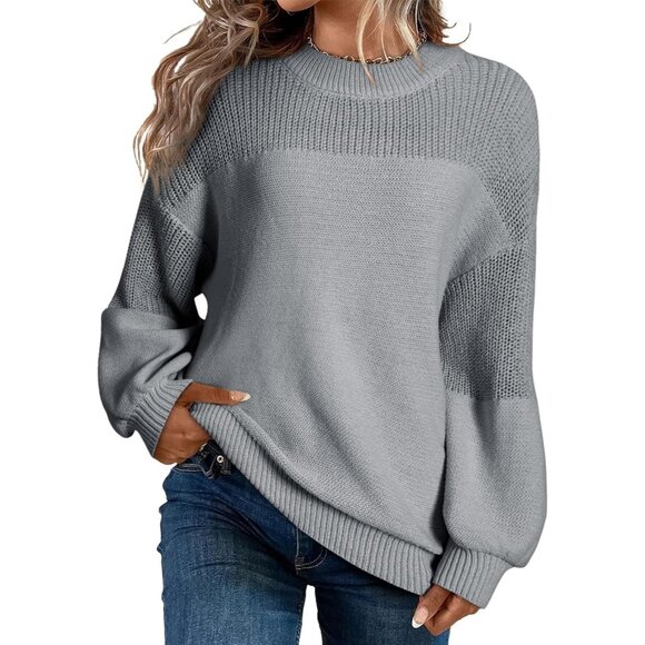 Women's Gray Pullover Crewneck Long Sleeve Jumper Sweaters Tops Loose Knit